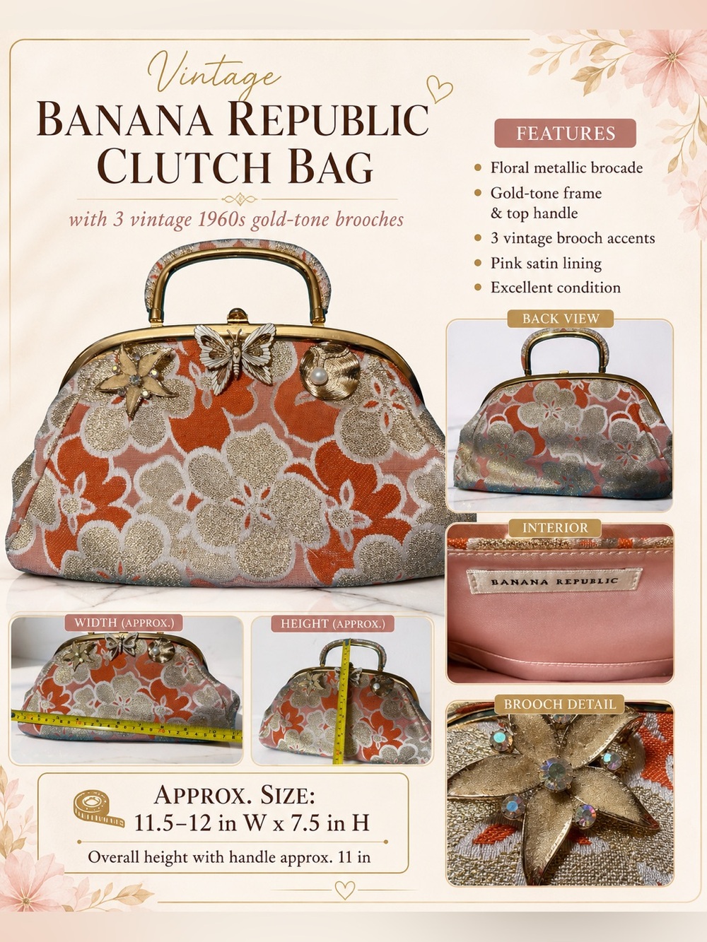 Banana Republic Vintage Floral Metallic Brocade Clutch Bag with vintage brooches